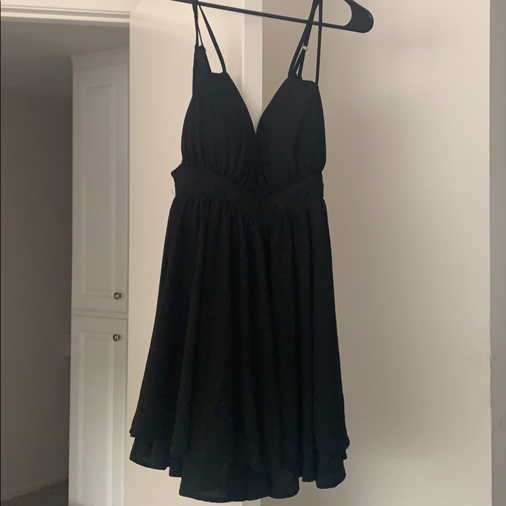Black chiffon open back spaghetti strap mini dress